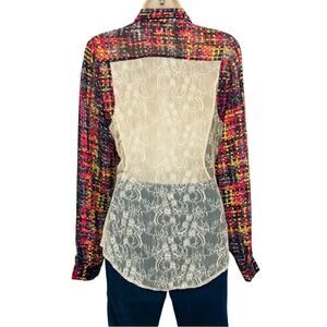 Wet Seal 90s Y2k Multi Color Lace Blouse Long Sleeve Button Front Lace Back